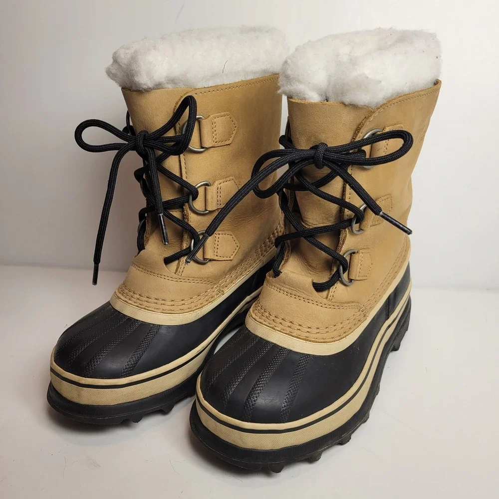 Sorel Caribou Winter Snow‎ Boots Kids 3 Tan Black Waterproof Insulated